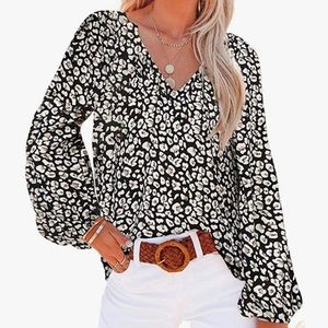 Blibea Long Sleeve Elastic Cuffs Floral Print Flowy Blouses Casual V Neck Blouse